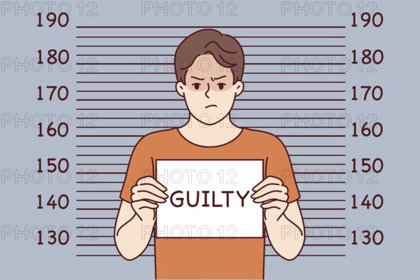 Man criminal with inscription guilty on sign stands near lines for measuring height of arrested