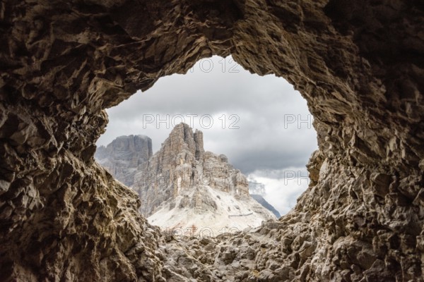 View out of a loophole of the Mount Lagazuoi tunnels, built during the First World War, the
