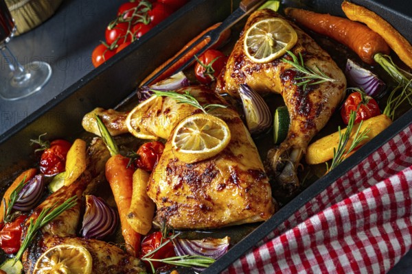 Grilled chicken legs with various vegetables and herbs