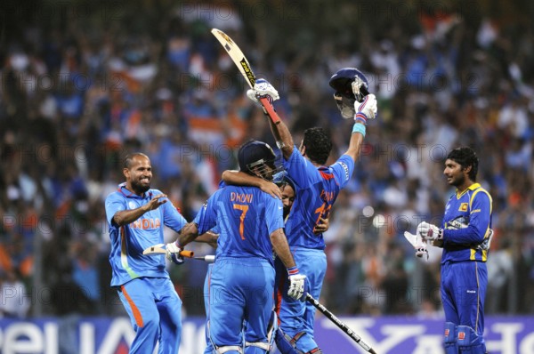 Indian cricketers celebrate after beating Sri Lanka ICC Cricket World Cup 2011 final match Wankhede