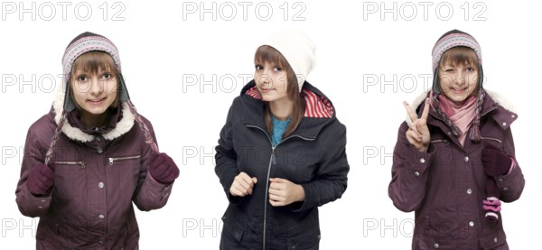 Collage beautiful young girl in winter to cloth on white background. Picture built from several
