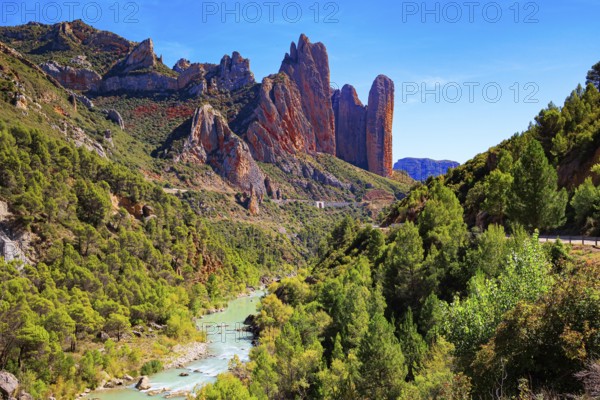 The picturesque river Gallego flows through the gorge. Beautiful rocks - part of the foothills of