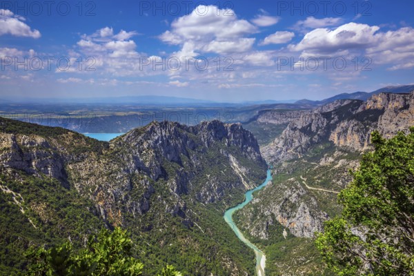 The largest alpine canyon Verdon spring. Turquoise water of the river is flowing at the bottom of