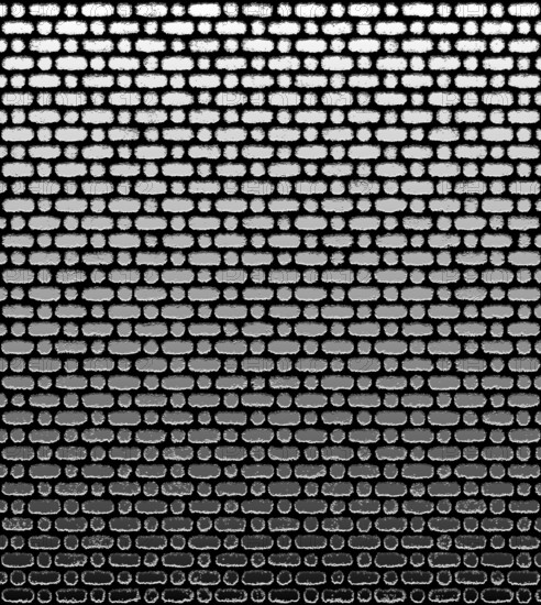 A black and white image of a brick wall with a gradient effect, creating a repetitive and abstract