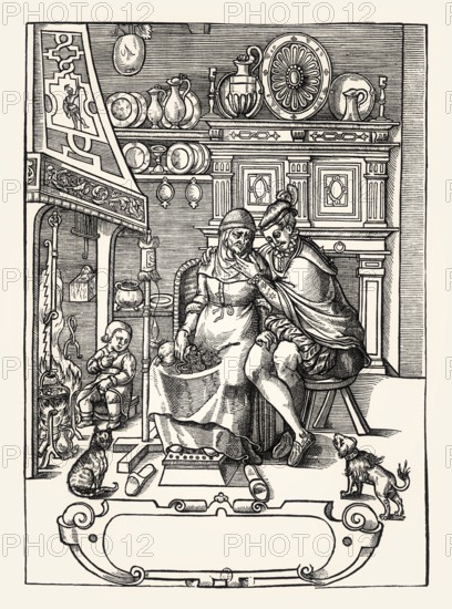Interior of a room with a young man courting for a rich old widow, anonymous French woodcut around