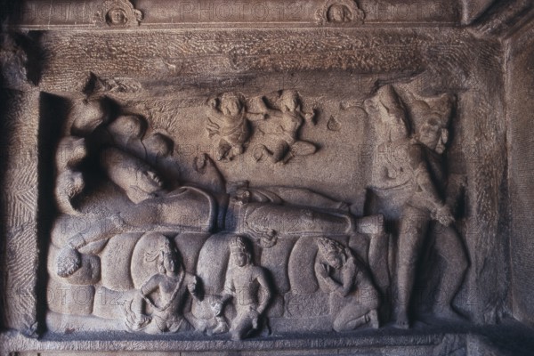 Close up of carving, Mahishasuramardini Mandapa, Mamallapuram, Tamil Nadu, India, Asia