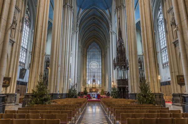 Belgium, 09 13 2019: Neo-gothic interior design of the roman catholic church of Our Lady of Laeken,