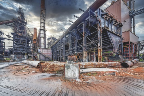 Old abandoned industrial site with rusted structures and empty spaces under a dramatic sky, HF6,