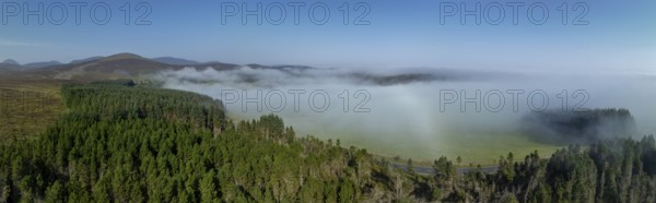 Coastal fog in the Scottish Highlands with hills, drone image, Broch of Ousdale, Berriedale,