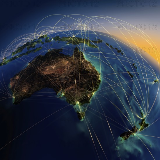 Highly detailed planet Earth at night with embossed continents, illuminated by light of cities,