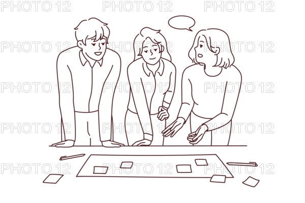Businesspeople brainstorm at office meeting discuss business ideas with sticky notes together.