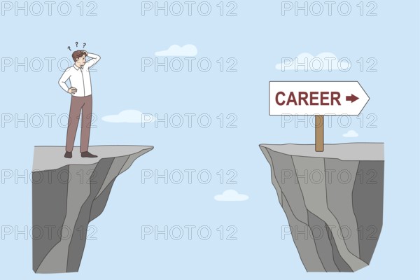 Confused businessman stand in front of cliff make risky business decision or choice. Frustrated man