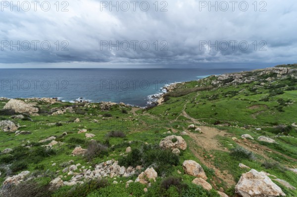 View over a green landscape with rocks and the Mediterranean sea in the background in Selmun,