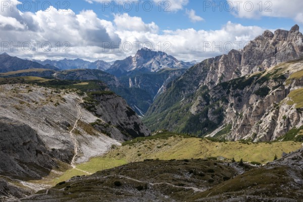 Scenic calm mountain landscape in the surroundings of the famous Three Peaks mountains, Dolomites