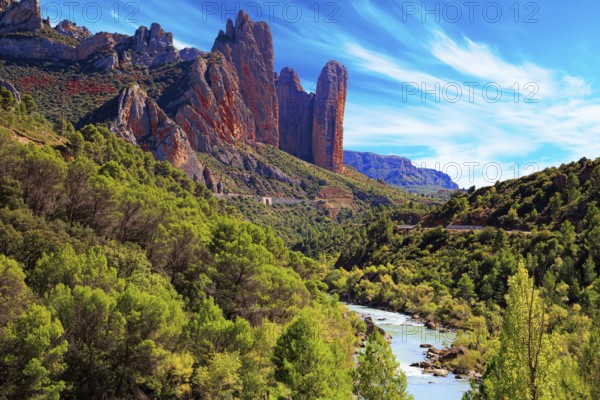 The magnificent Mallets of Riglos. The river Gallego flows through the gorge. Aragon. Romantic trip