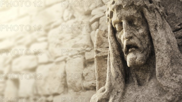 A Jesus stone head sculpture. 3D illustration
