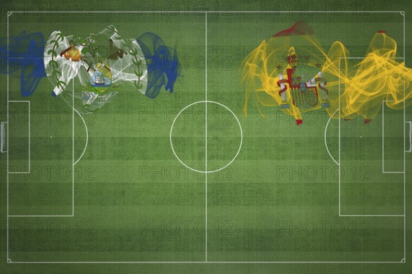 Belize vs Spain Soccer Match, national colors, national flags, soccer field, football game,