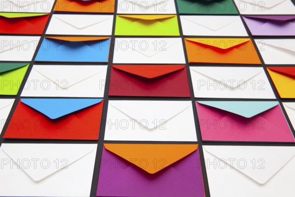 Composition with white and colored envelopes on the table. The photo suitable for various holidays