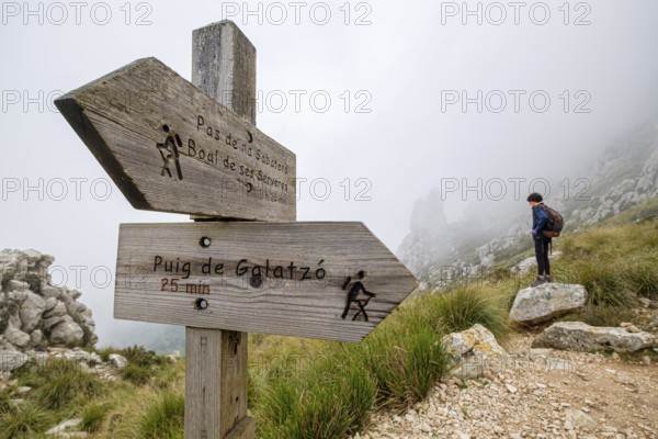 Ascent path to Puig de Galatzó, indicator sign, Tramontana sierra, Majorca, Balearic Islands,