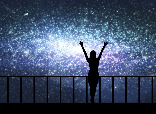Silhouette of young happy woman stands on the bridge in cosmos