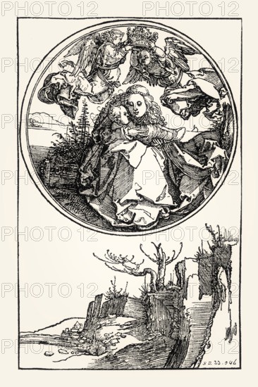 The Virgin Mary and Christ Child crowned by two Angels, Albrecht Dürer, woodcut, 16th century