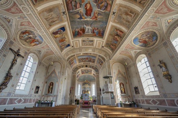 Main altar and ceiling frescoes, St. Blasius Catholic Parish Church in Dietmannsried, Allgäu,