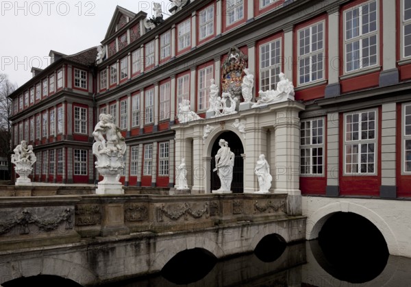 Wolfenbüttel Castle Portal façade partial view with moat and castle bridge present appearance