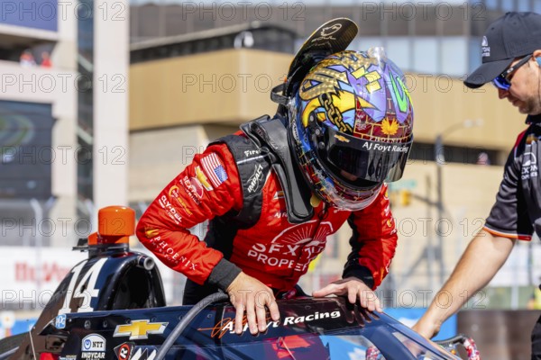 INDYCAR driver, SANTINO FERRUCCI (14) of Woodbury, Connecticut, prepares to practice for the