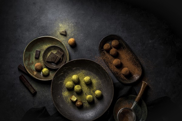 Overhead big plate with green truffle Matcha and plate with brown truffles balls with powder and