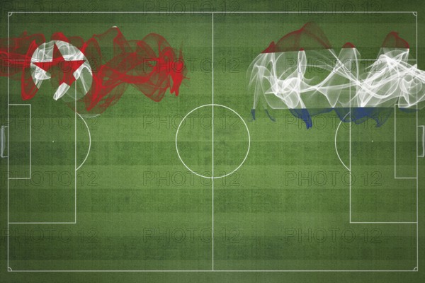 North Korea vs Netherlands Soccer Match, national colors, national flags, soccer field, football