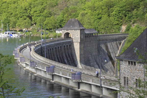 Edersee, Edertalsperre in spring people on the dam, blue water, green nature, Hesse, Edertal,