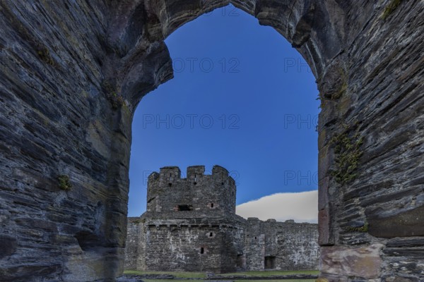 Conwy Castle, view through an arched opening in the castle wall to the tower of the medieval castle