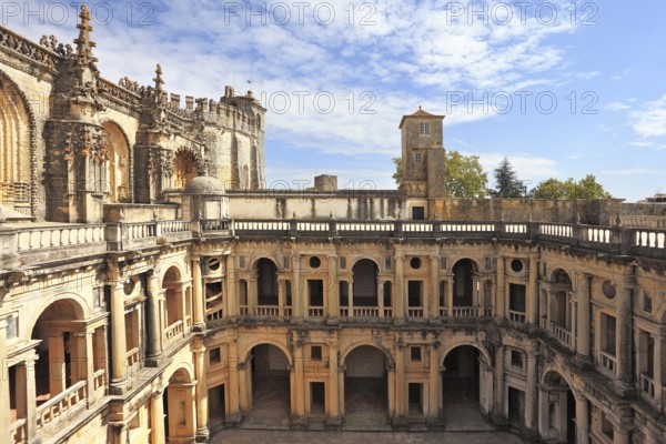 Courtyard, patio, surrounded by a gallery. The imposing medieval castle of the Knights Templar and