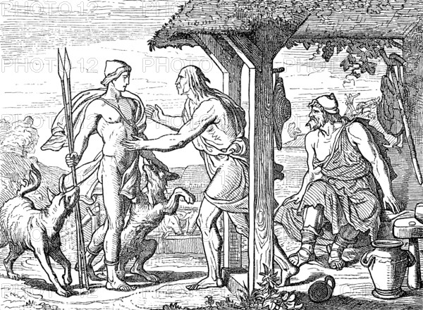 Odysseus sits by the fire as Eumaeus discovers Telemachus at the entrance of his hut, Homer's