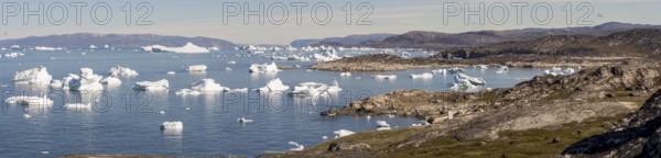 A breathtaking coastal landscape near Ilulissat, Greenland, featuring the Arctic Ocean dotted with