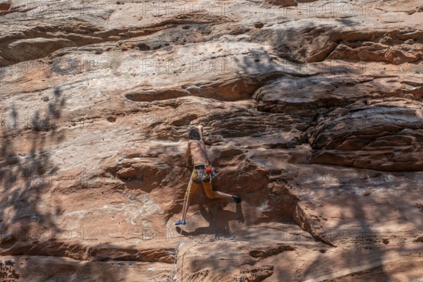 Climber on the Geierstein rock, Geierstein, Palatinate Forest, Bruchweiler-Bärenbach,