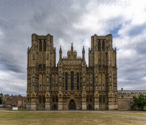 Wells, United Kingdom, 1 September, 2022: view of the two spires and front of the 12th-centruy