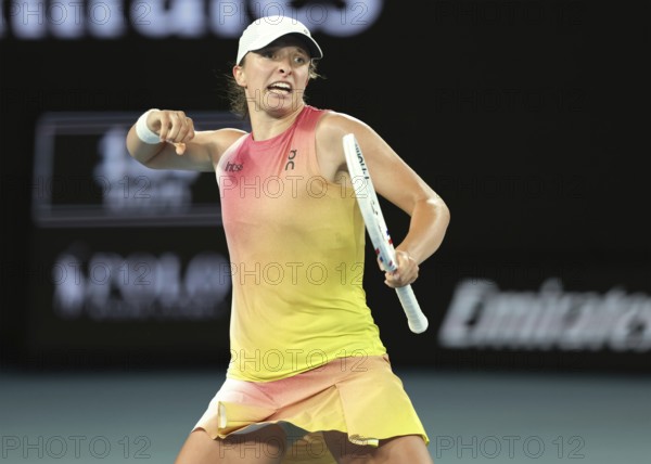 Polish tennis player Iga Swiatek celebrating at the Australian Open 2025 tournament, Melbourne