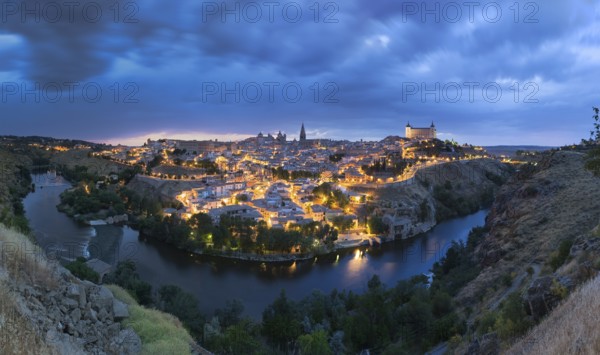 Panoramic view of Toledo after sunset, Spain, Europe