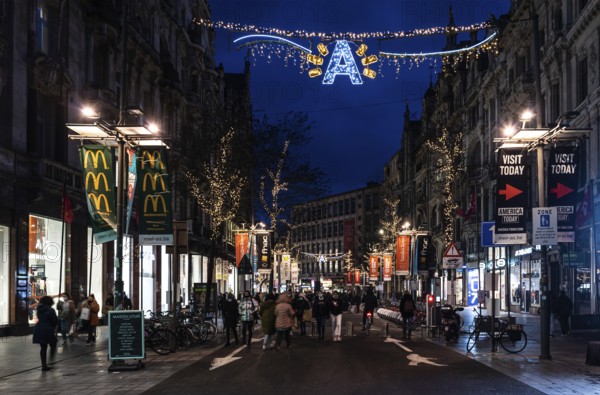 Antwerp, Flanders, Belgium, 12 28 2020 The central shopping street De Meir at night during