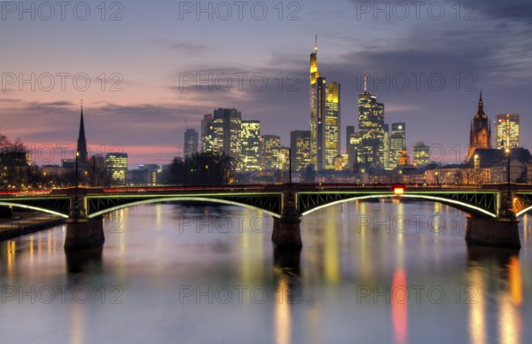 Frankfurt skyline at dusk with Ignatz Bubis bridge, Frankfurt - HDR version - Hesse, Germany