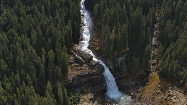 Aerial view of Krimml Waterfalls on sunny day. High Tauern National Park, Austrian Alps, Austria,
