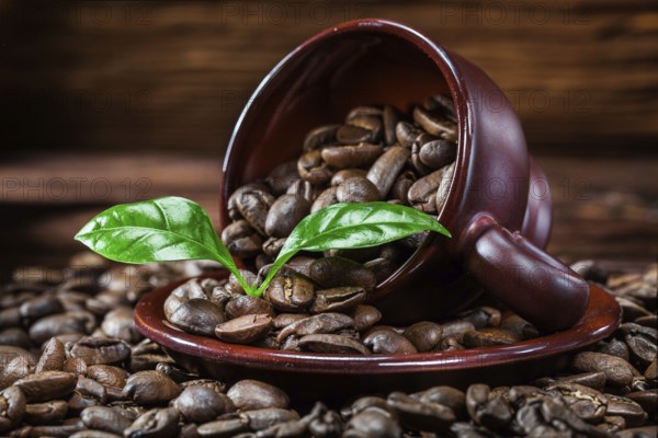 Coffe beans scattered from cup and leaves