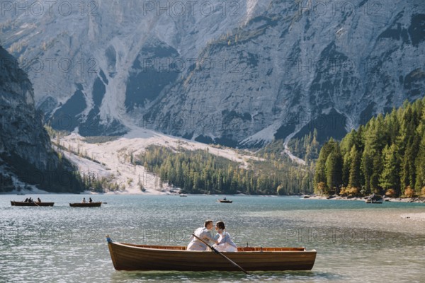 Bride and groom sail in a wooden boat at the Lago di Braies in Italy. Wedding in Europe, on Braies