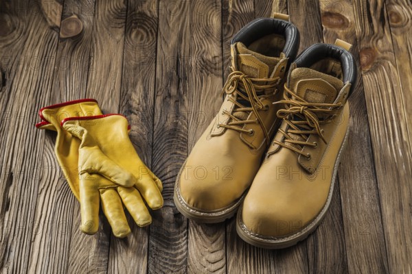 Construction safety tools yellow working gloves and leather working boots on vintage wooden