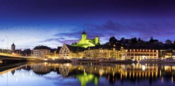 A horizontal river view and panorama cityscape of Schaffhausen with the Rhine River and Munot at