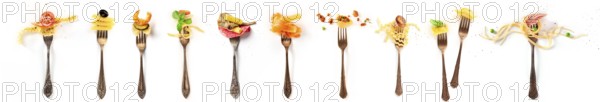 Italian food collage. Pasta design elements. Many forks with pasta and various addings, shot from