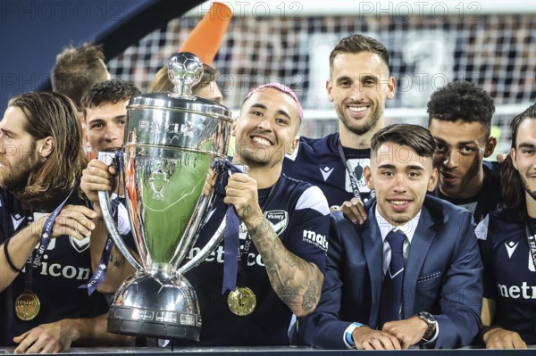 MELBOURNE, AUSTRALIA, FEBRUARY 05: Melbourne Victory and Jason Davidson celebrate winning after the