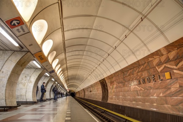 Prague, Czech Republic, March 20, 2017: People waiting for the subway at Andel metro station,