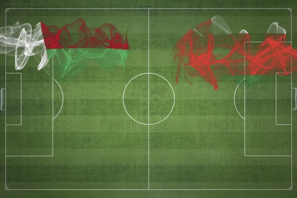 Madagascar vs Oman Soccer Match, national colors, national flags, soccer field, football game,